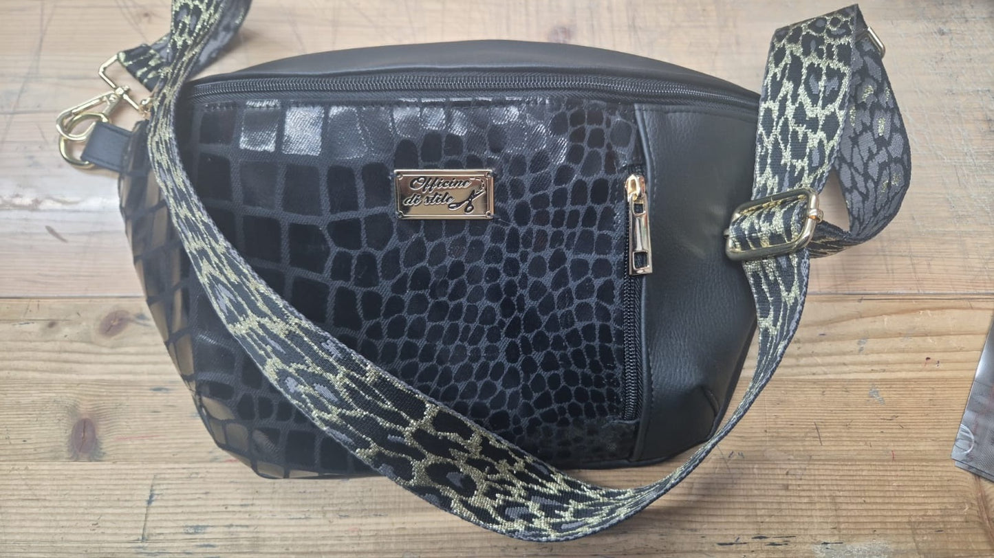 Giga marsupio ecopelle e denim stampato